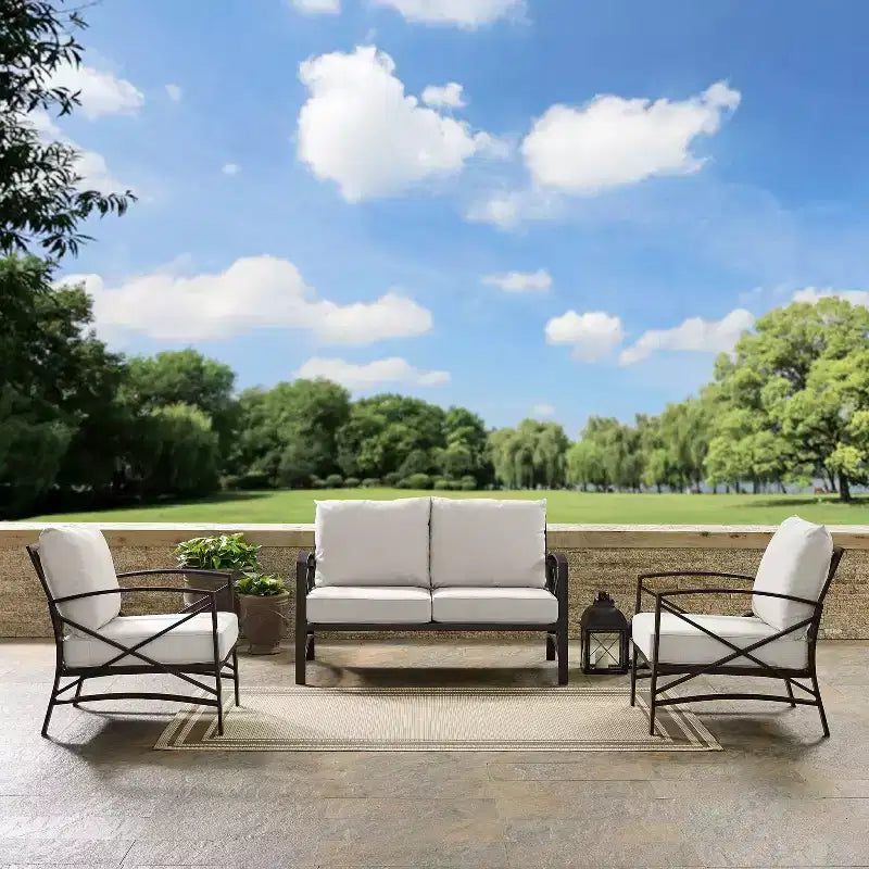 Ensemble de mobilier d'extérieur Crosley Kaplan en acier 3 pièces avec causeuse et 2 chaises couleur avoine