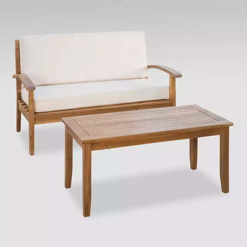 Ensemble deux pièces causeuse et table basse en bois d'acacia Peyton - Teck/Beige - Christopher Knight Home