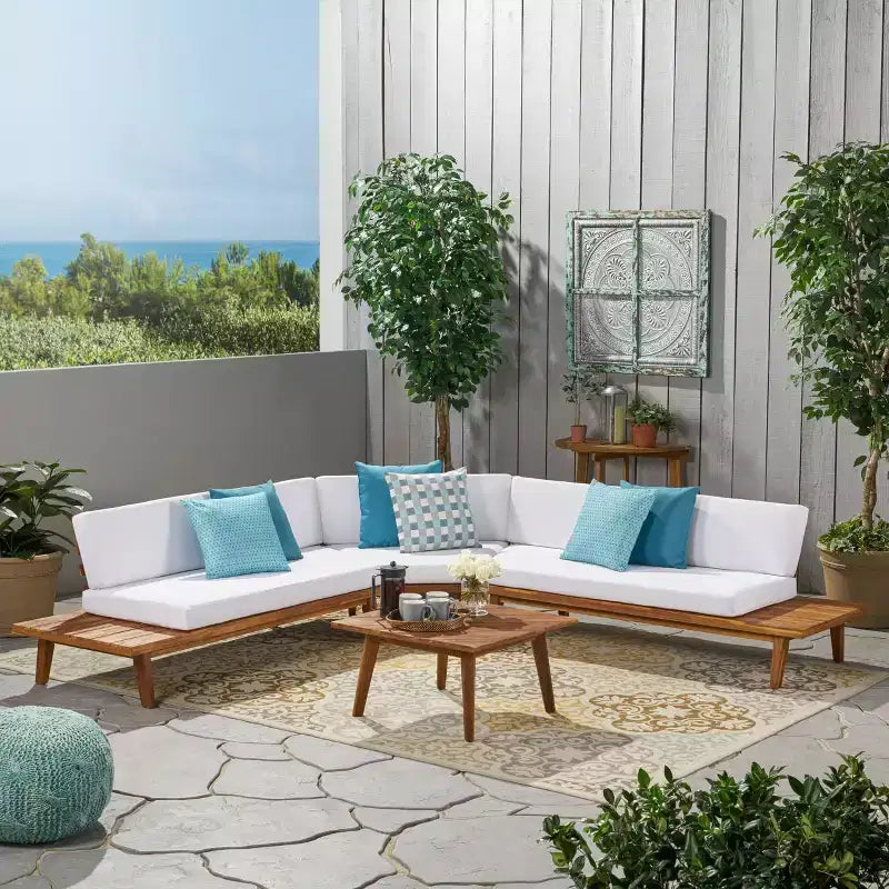 Ensemble de canapé d'angle d'extérieur 4 pièces en acacia Hillcrest, forme en V – Naturel/Blanc – Christopher Knight Home