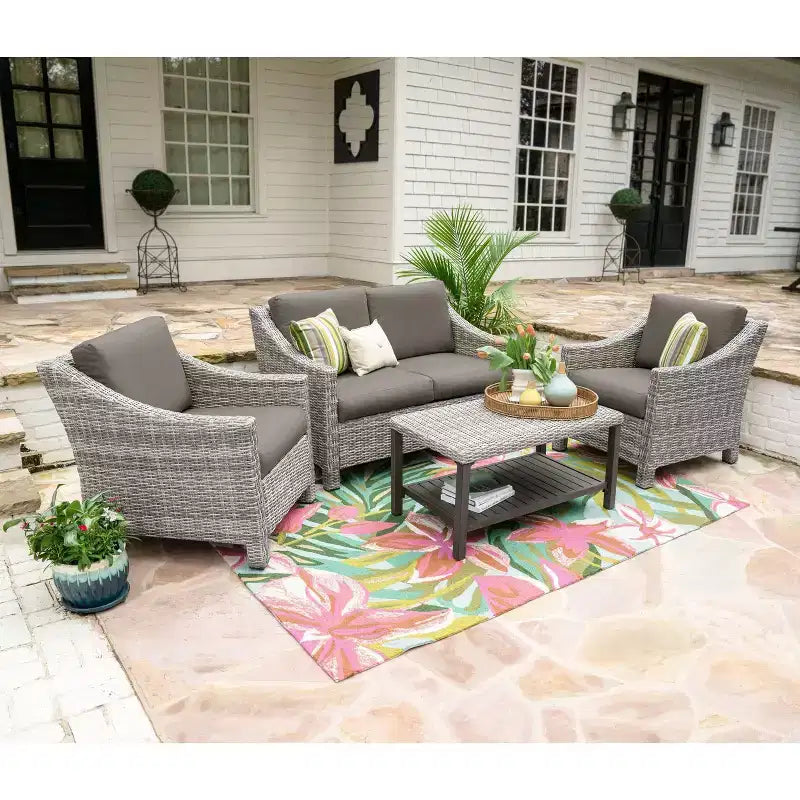 Ensemble de 4 fauteuils de jardin en osier Leisure Made Marietta avec coussins gris