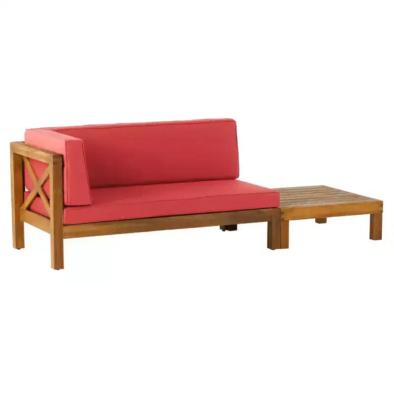 2pc Brava Outdoor Acacia Wood Left Arm Loveseat & Coffee Table with Cushion Teak/Red - Christopher Knight Home: Rustic Modern Patio Set