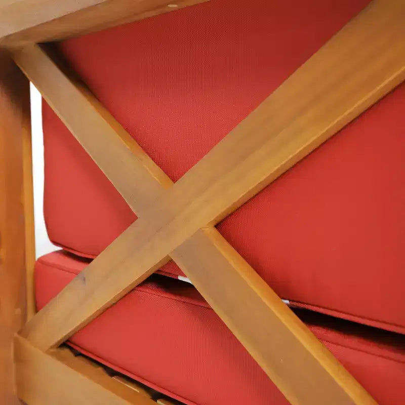 Canapé deux places en bois d'acacia d'extérieur Brava, bras gauche et table basse avec coussin Teck/Rouge - Christopher Knight Home : Ensemble de patio moderne rustique