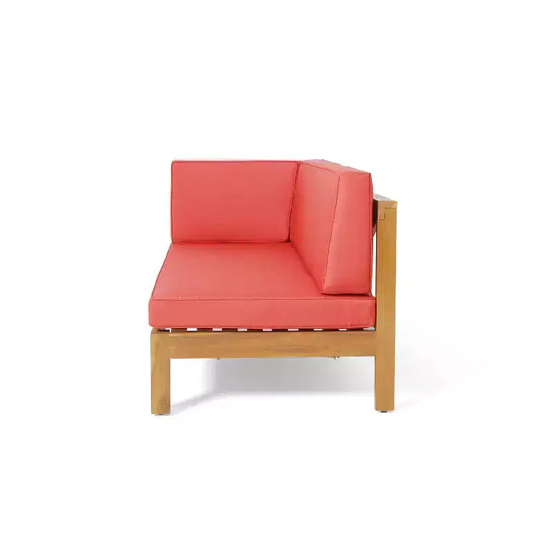 Canapé deux places en bois d'acacia d'extérieur Brava, bras gauche et table basse avec coussin Teck/Rouge - Christopher Knight Home : Ensemble de patio moderne rustique