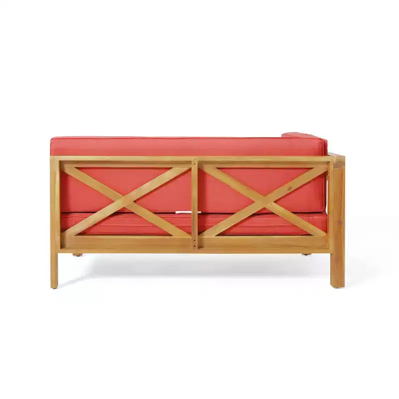 Canapé deux places en bois d'acacia d'extérieur Brava, bras gauche et table basse avec coussin Teck/Rouge - Christopher Knight Home : Ensemble de patio moderne rustique