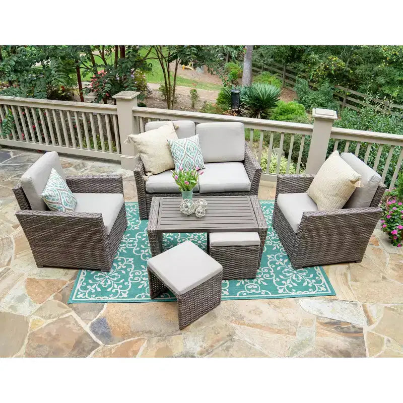 Salon de jardin 6 places en osier Newton Leisure Made avec coussins en tissu beige