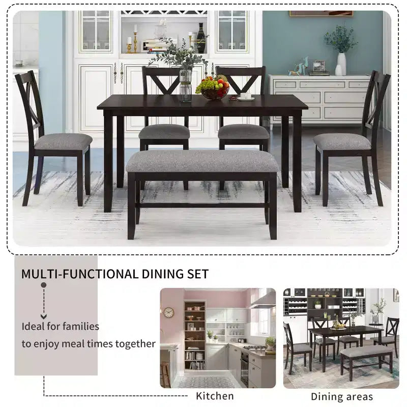 Ensemble de salle à manger rectangulaire 6 pièces en bois Whisen avec 4 chaises en tissu et un banc