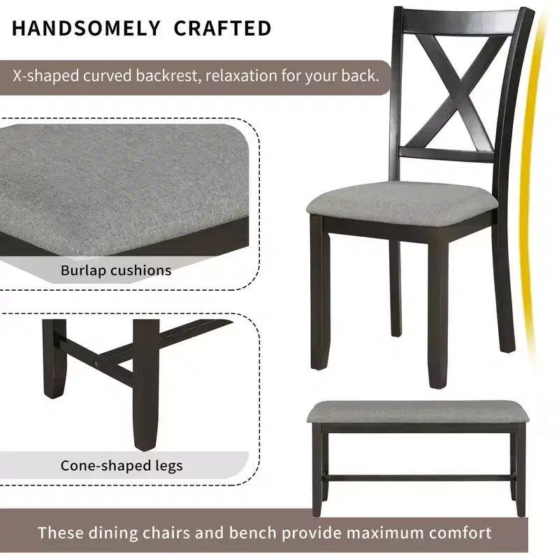 Ensemble de salle à manger rectangulaire 6 pièces en bois Whisen avec 4 chaises en tissu et un banc