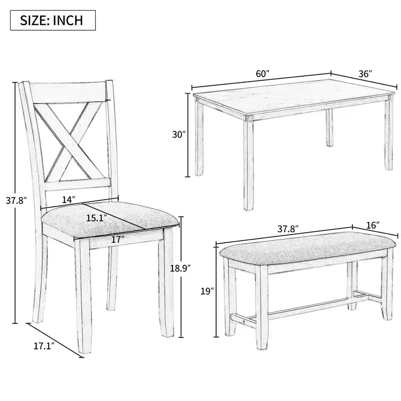 Ensemble de salle à manger rectangulaire 6 pièces en bois Whisen avec 4 chaises en tissu et un banc