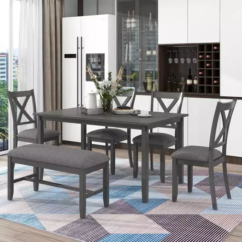 Ensemble de salle à manger rectangulaire 6 pièces en bois Whisen avec 4 chaises en tissu et un banc