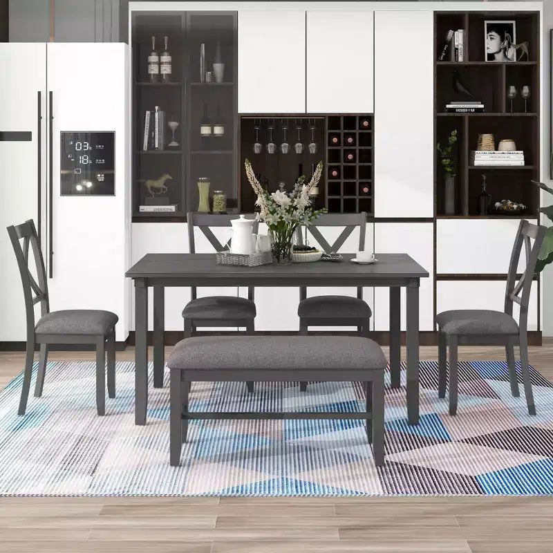 Ensemble de salle à manger rectangulaire 6 pièces en bois Whisen avec 4 chaises en tissu et un banc