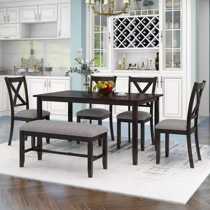 Ensemble de salle à manger rectangulaire 6 pièces en bois Whisen avec 4 chaises en tissu et un banc
