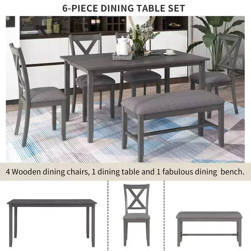 Ensemble de salle à manger rectangulaire 6 pièces en bois Whisen avec 4 chaises en tissu et un banc