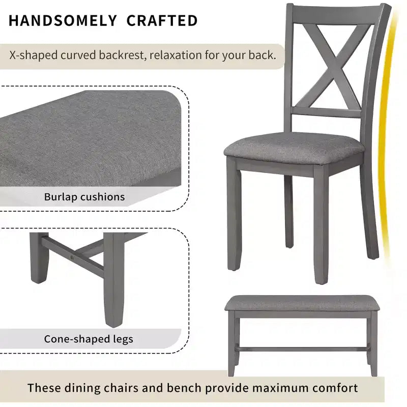 Ensemble de salle à manger rectangulaire 6 pièces en bois Whisen avec 4 chaises en tissu et un banc