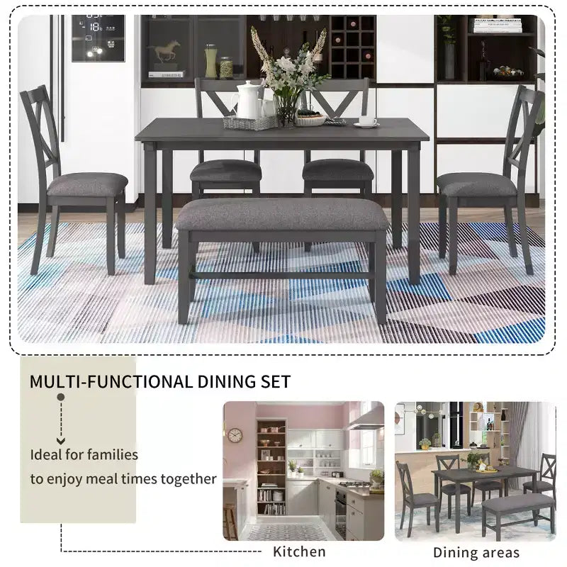 Ensemble de salle à manger rectangulaire 6 pièces en bois Whisen avec 4 chaises en tissu et un banc