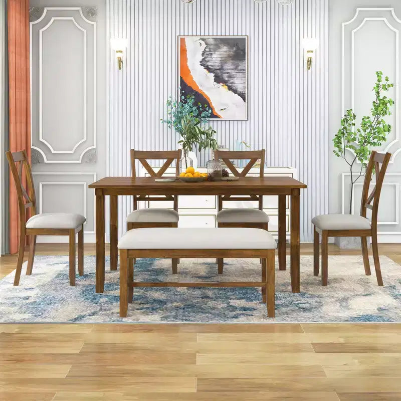 Ensemble de salle à manger rectangulaire 6 pièces en bois Whisen avec 4 chaises en tissu et un banc