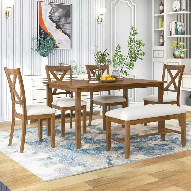Ensemble de salle à manger rectangulaire 6 pièces en bois Whisen avec 4 chaises en tissu et un banc