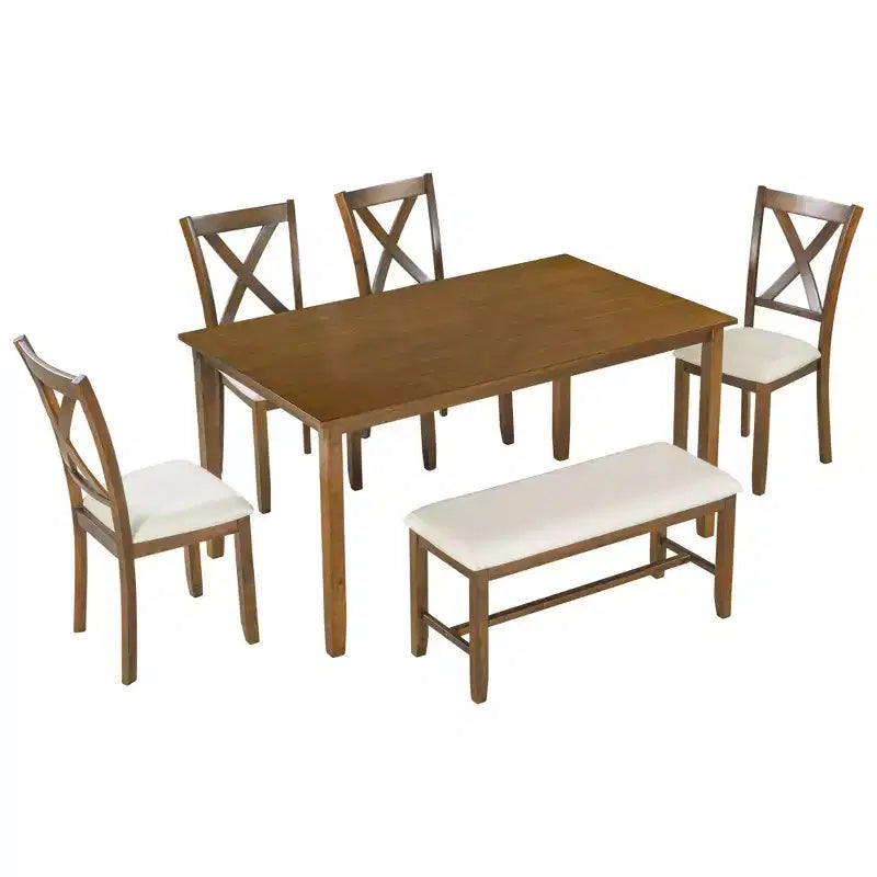 Ensemble de salle à manger rectangulaire 6 pièces en bois Whisen avec 4 chaises en tissu et un banc