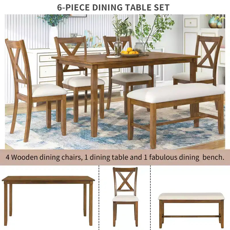 Ensemble de salle à manger rectangulaire 6 pièces en bois Whisen avec 4 chaises en tissu et un banc