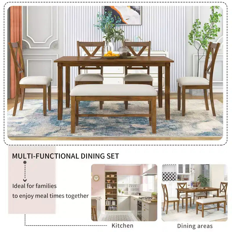 Ensemble de salle à manger rectangulaire 6 pièces en bois Whisen avec 4 chaises en tissu et un banc