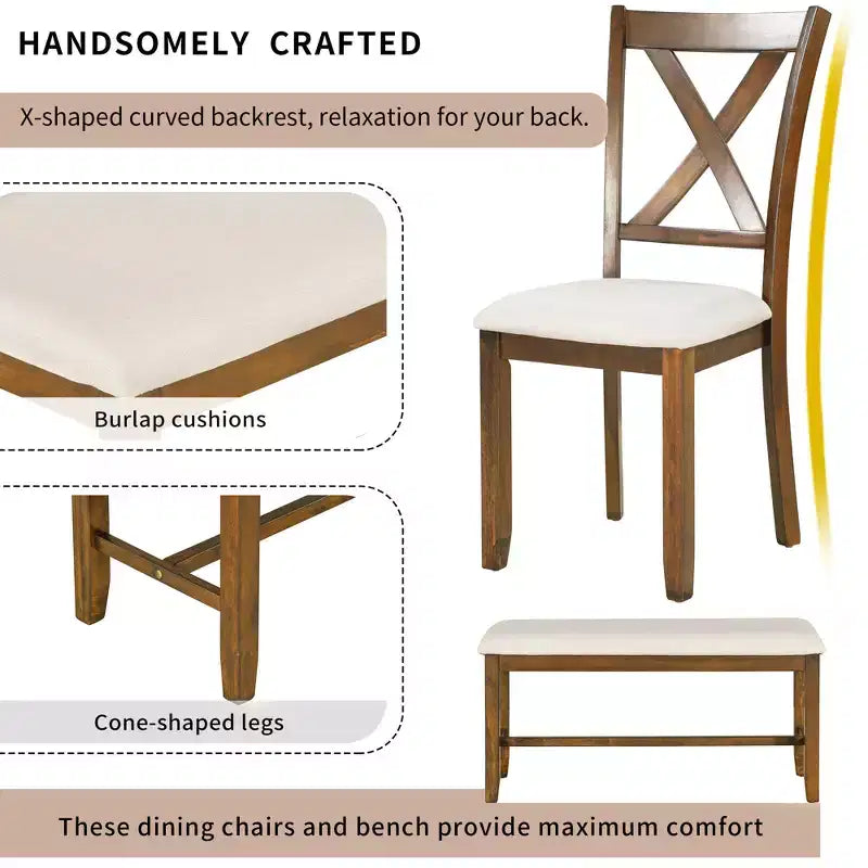 Ensemble de salle à manger rectangulaire 6 pièces en bois Whisen avec 4 chaises en tissu et un banc