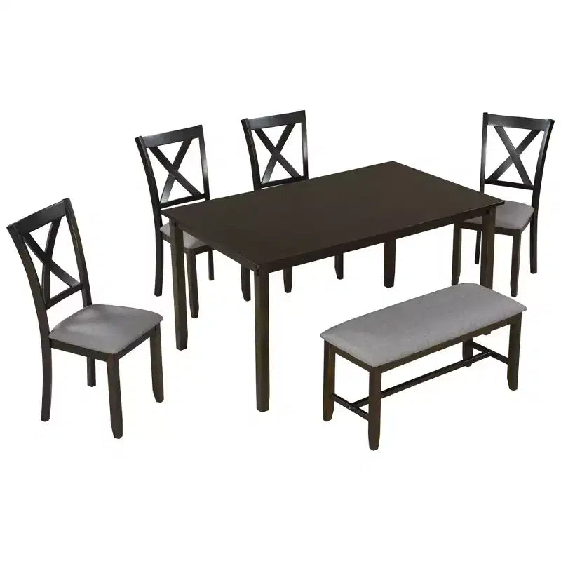 Ensemble de salle à manger rectangulaire 6 pièces en bois Whisen avec 4 chaises en tissu et un banc
