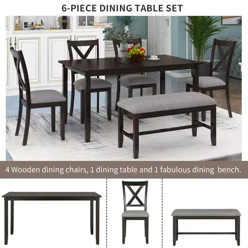 Ensemble de salle à manger rectangulaire 6 pièces en bois Whisen avec 4 chaises en tissu et un banc
