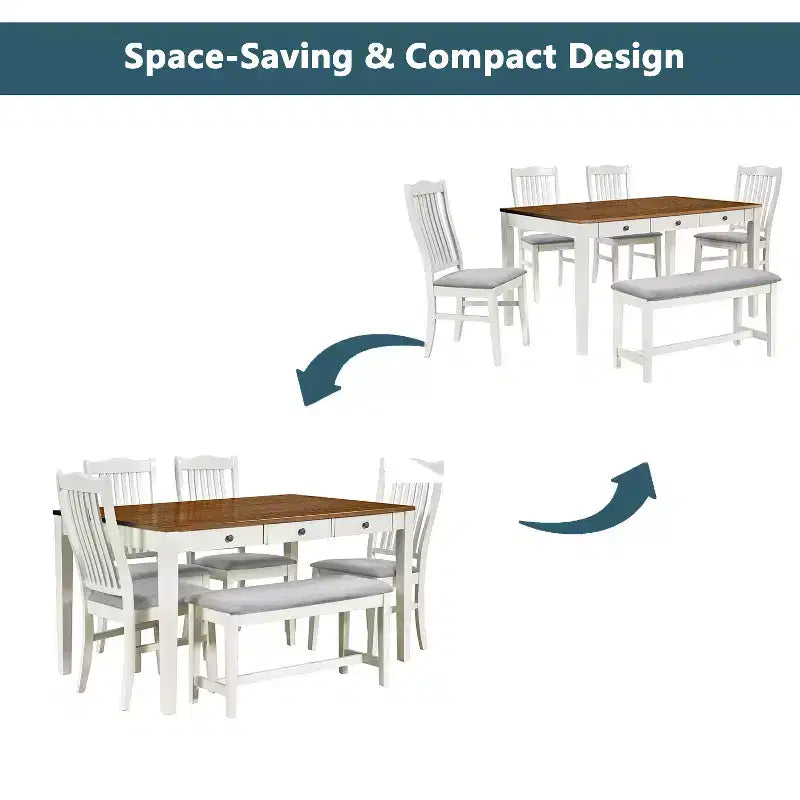 Ensemble de table à manger en bois 6 pièces Whisen Mid-Century avec 4 chaises rembourrées et un banc