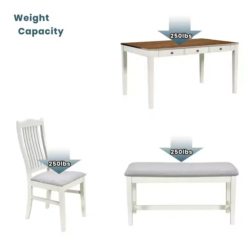 Ensemble de table à manger en bois 6 pièces Whisen Mid-Century avec 4 chaises rembourrées et un banc