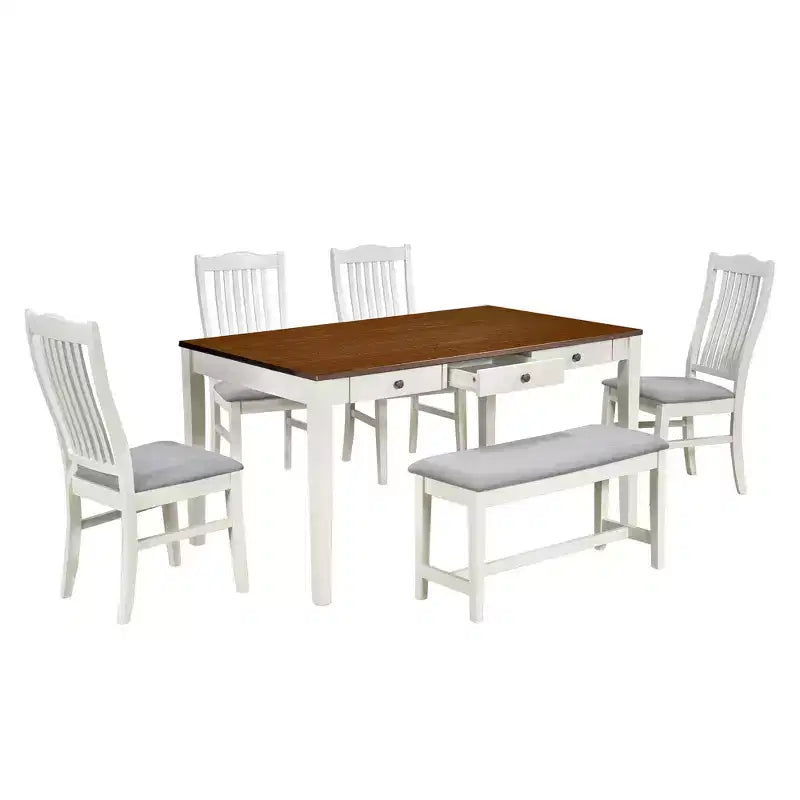 Ensemble de table à manger en bois 6 pièces Whisen Mid-Century avec 4 chaises rembourrées et un banc