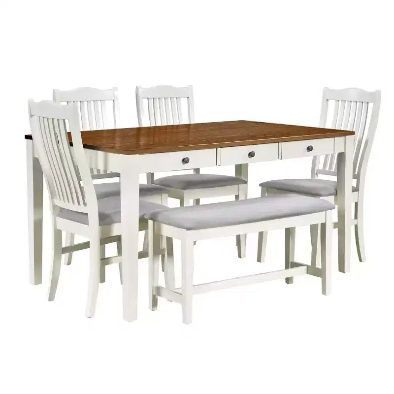Ensemble de table à manger en bois 6 pièces Whisen Mid-Century avec 4 chaises rembourrées et un banc