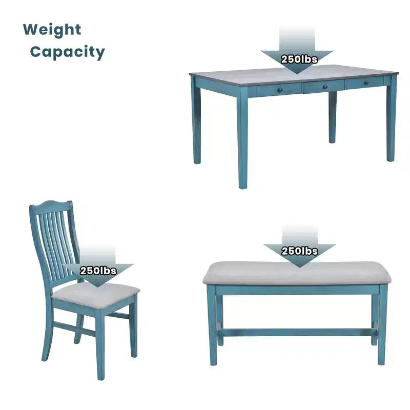 Ensemble de table à manger en bois 6 pièces Whisen Mid-Century avec 4 chaises rembourrées et un banc