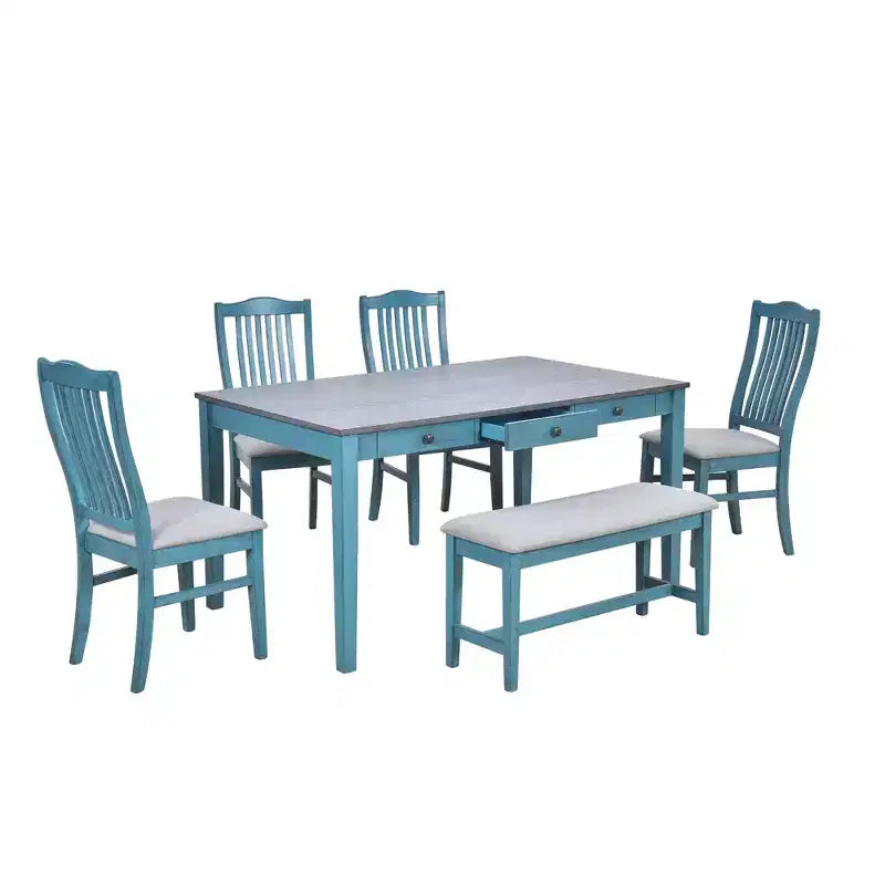 Ensemble de table à manger en bois 6 pièces Whisen Mid-Century avec 4 chaises rembourrées et un banc