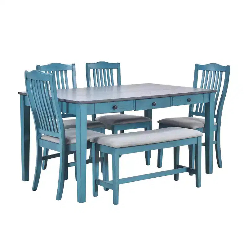 Ensemble de table à manger en bois 6 pièces Whisen Mid-Century avec 4 chaises rembourrées et un banc