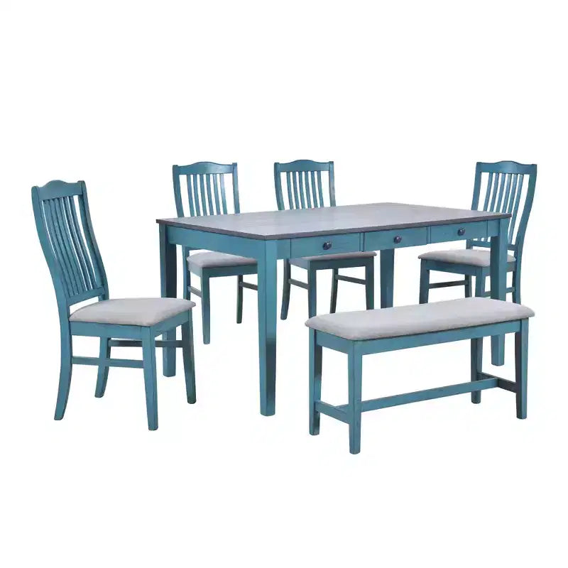 Ensemble de table à manger en bois 6 pièces Whisen Mid-Century avec 4 chaises rembourrées et un banc