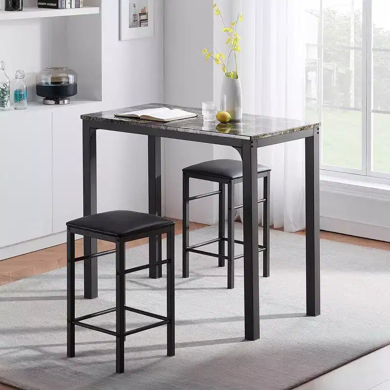 VECELO Ensemble de 3 pièces table et chaises de bar hauteur comptoir, Table de salle à manger rectangulaire pour 2 avec chaises en cuir PU et plateau en marbre