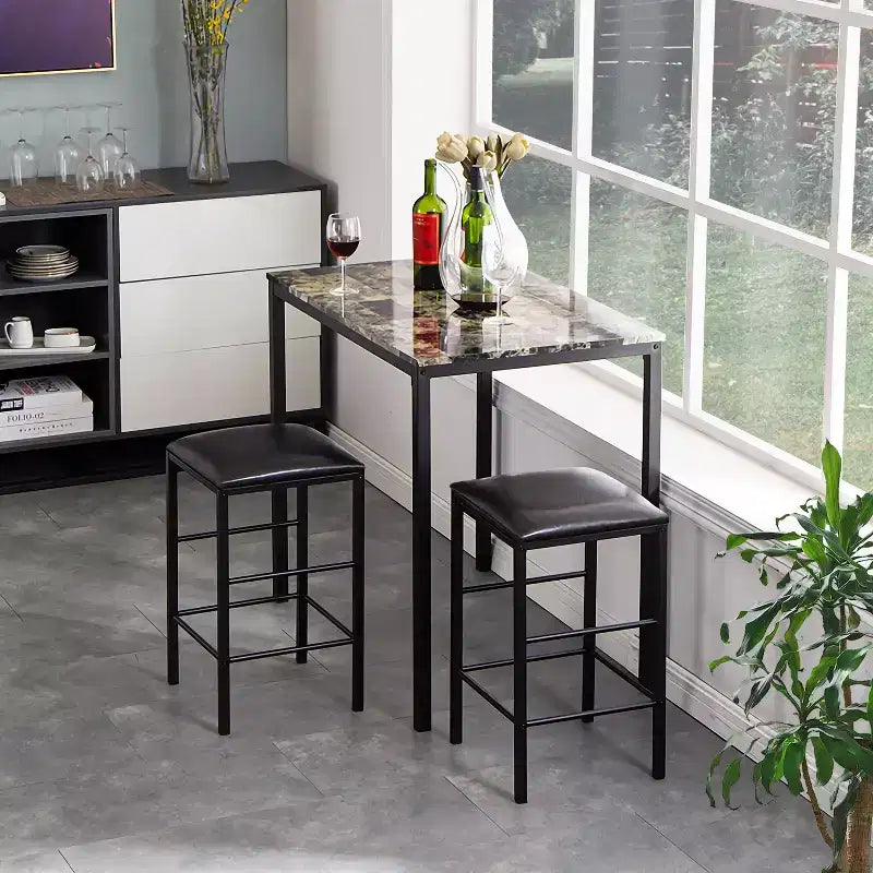 VECELO Ensemble de 3 pièces table et chaises de bar hauteur comptoir, Table de salle à manger rectangulaire pour 2 avec chaises en cuir PU et plateau en marbre
