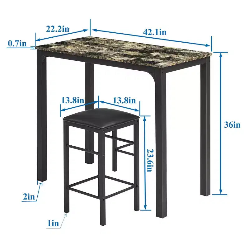 VECELO Ensemble de 3 pièces table et chaises de bar hauteur comptoir, Table de salle à manger rectangulaire pour 2 avec chaises en cuir PU et plateau en marbre