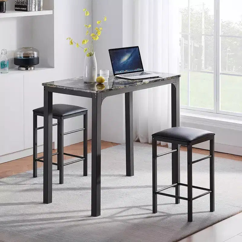 VECELO Ensemble de 3 pièces table et chaises de bar hauteur comptoir, Table de salle à manger rectangulaire pour 2 avec chaises en cuir PU et plateau en marbre
