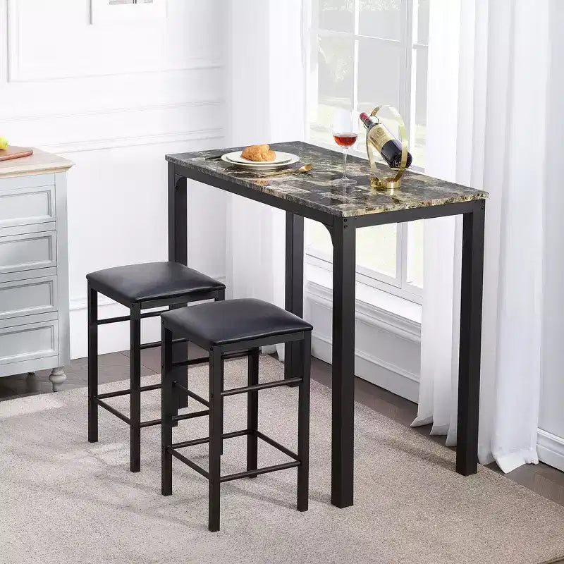 VECELO Ensemble de 3 pièces table et chaises de bar hauteur comptoir, Table de salle à manger rectangulaire pour 2 avec chaises en cuir PU et plateau en marbre