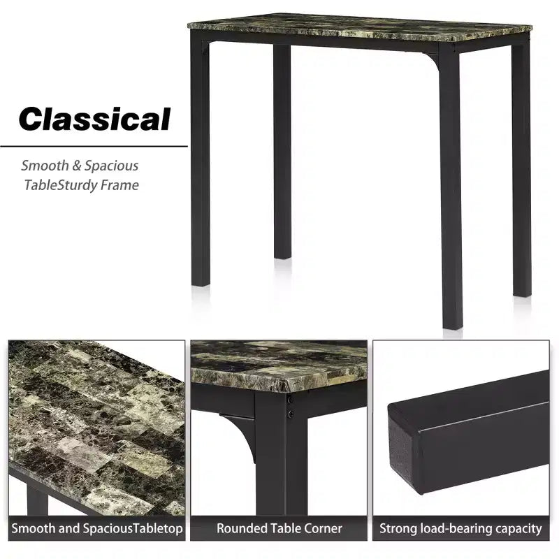 VECELO Ensemble de 3 pièces table et chaises de bar hauteur comptoir, Table de salle à manger rectangulaire pour 2 avec chaises en cuir PU et plateau en marbre