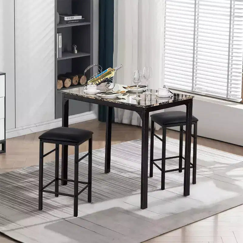 VECELO Ensemble de 3 pièces table et chaises de bar hauteur comptoir, Table de salle à manger rectangulaire pour 2 avec chaises en cuir PU et plateau en marbre