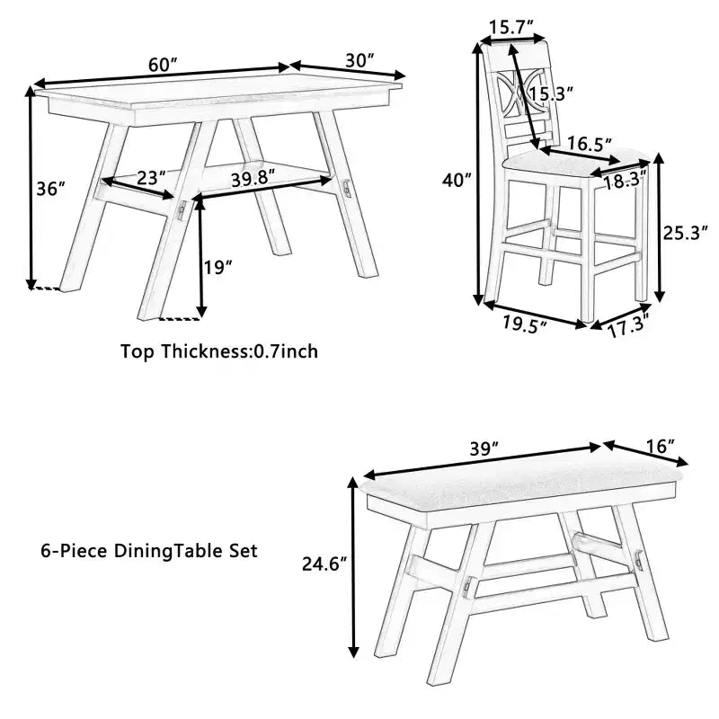 Ensemble de table à manger Whisen Rustic 6 pièces à hauteur de comptoir avec banc et 4 chaises rembourrées