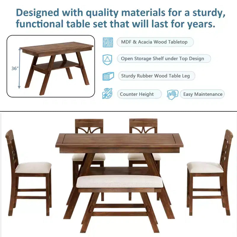 Ensemble de table à manger Whisen Rustic 6 pièces à hauteur de comptoir avec banc et 4 chaises rembourrées