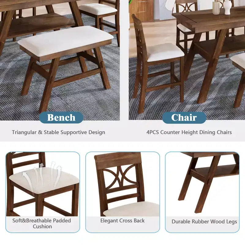 Ensemble de table à manger Whisen Rustic 6 pièces à hauteur de comptoir avec banc et 4 chaises rembourrées