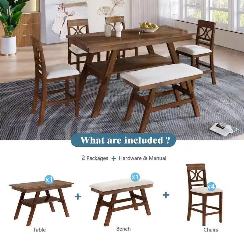 Ensemble de table à manger Whisen Rustic 6 pièces à hauteur de comptoir avec banc et 4 chaises rembourrées