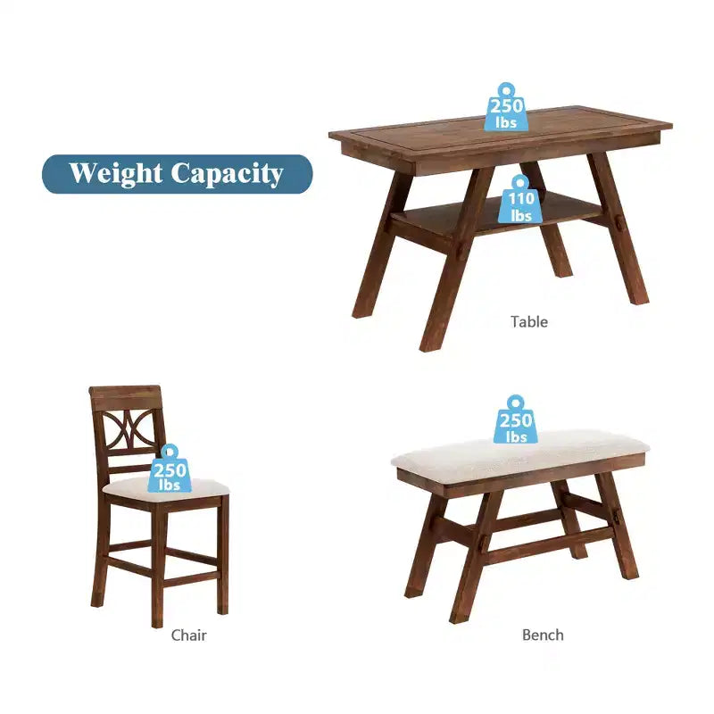 Ensemble de table à manger Whisen Rustic 6 pièces à hauteur de comptoir avec banc et 4 chaises rembourrées