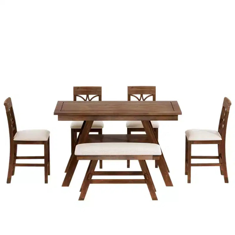 Ensemble de table à manger Whisen Rustic 6 pièces à hauteur de comptoir avec banc et 4 chaises rembourrées