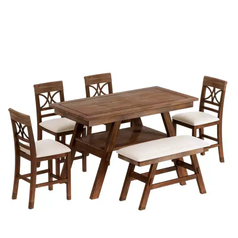 Ensemble de table à manger Whisen Rustic 6 pièces à hauteur de comptoir avec banc et 4 chaises rembourrées
