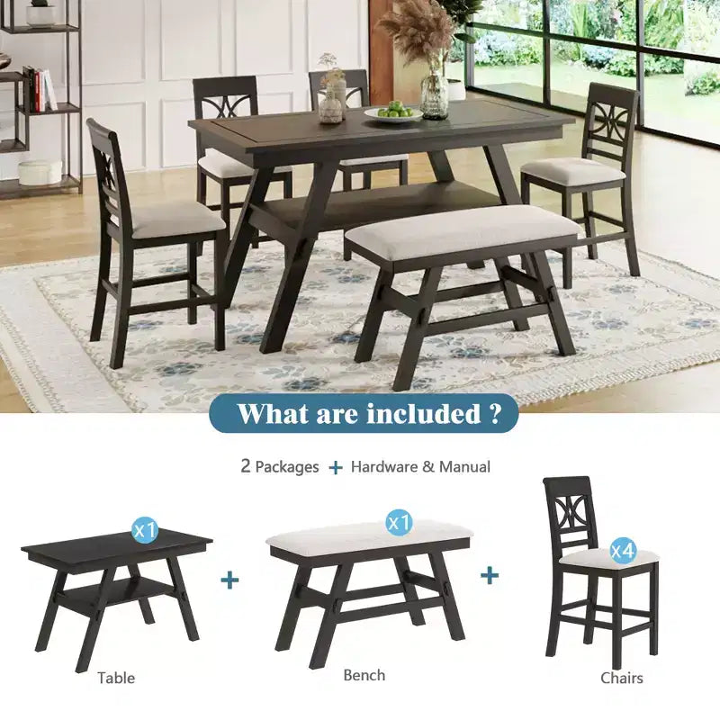 Ensemble de table à manger Whisen Rustic 6 pièces à hauteur de comptoir avec banc et 4 chaises rembourrées