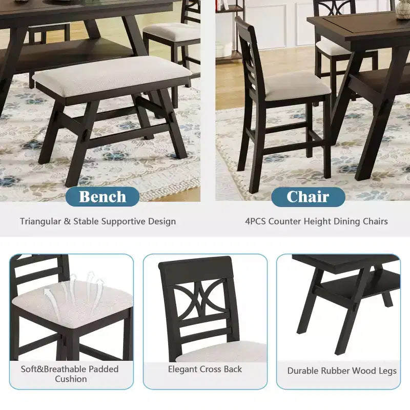 Ensemble de table à manger Whisen Rustic 6 pièces à hauteur de comptoir avec banc et 4 chaises rembourrées